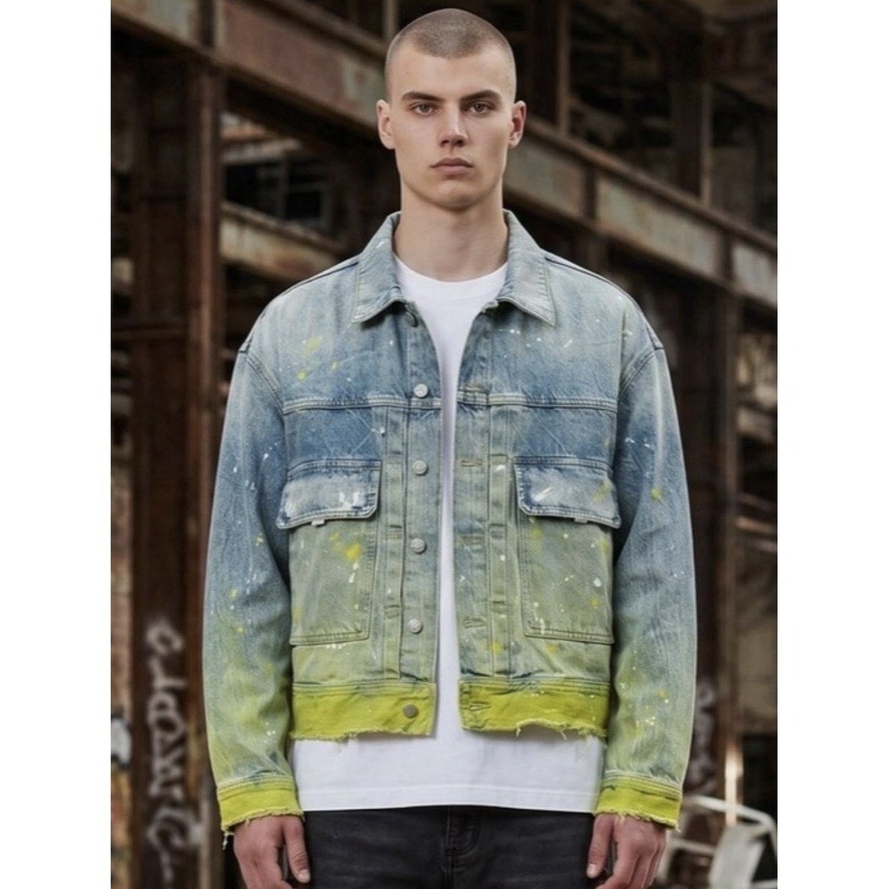 NWT Hudson Boxy Trucker Denim Jacket Mens SZ XL Paint Splater Gradient Lime $395